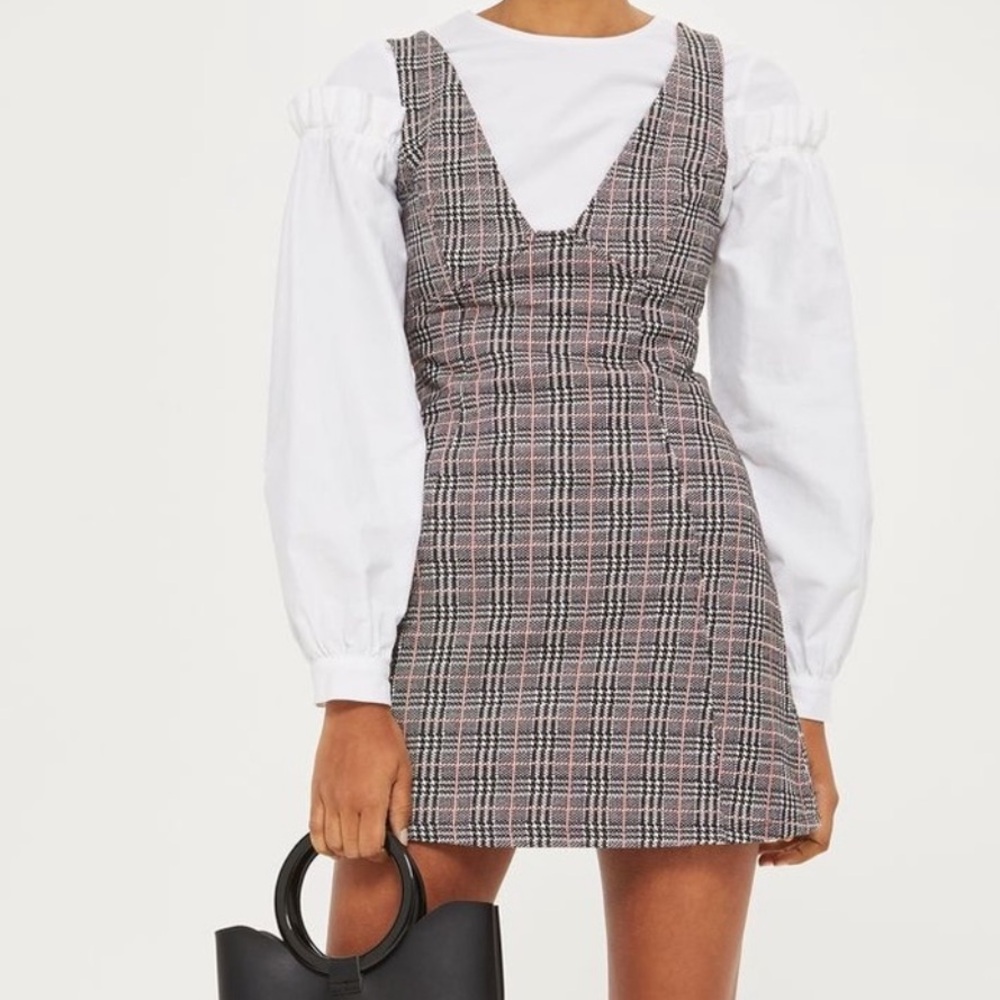 Topshop brown Pink Gingham A Line Pinafore Mini